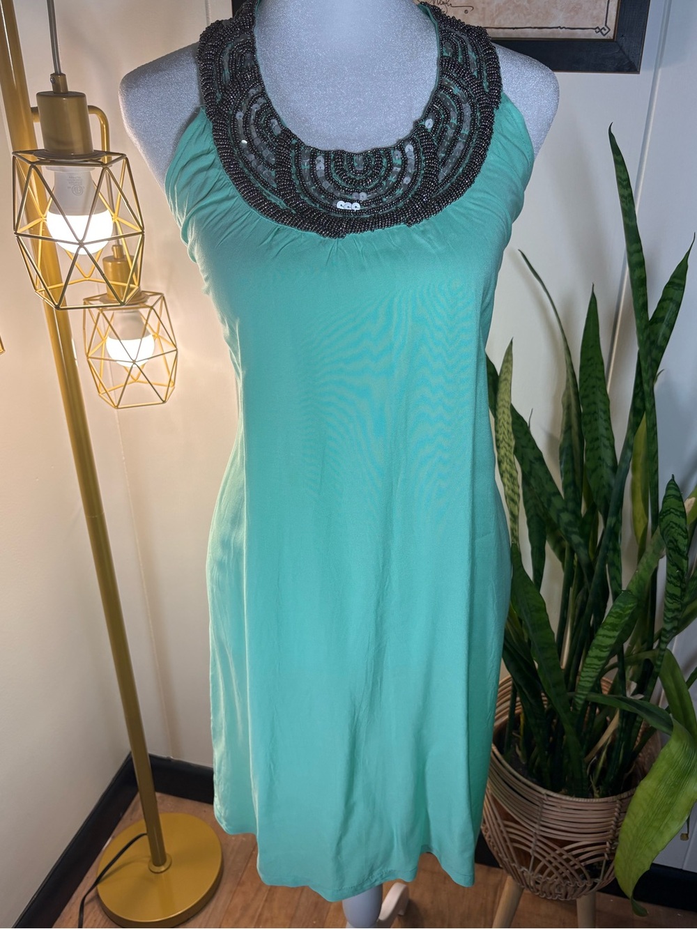 Dominican Republic resort embellished halter dress  S/M mint green